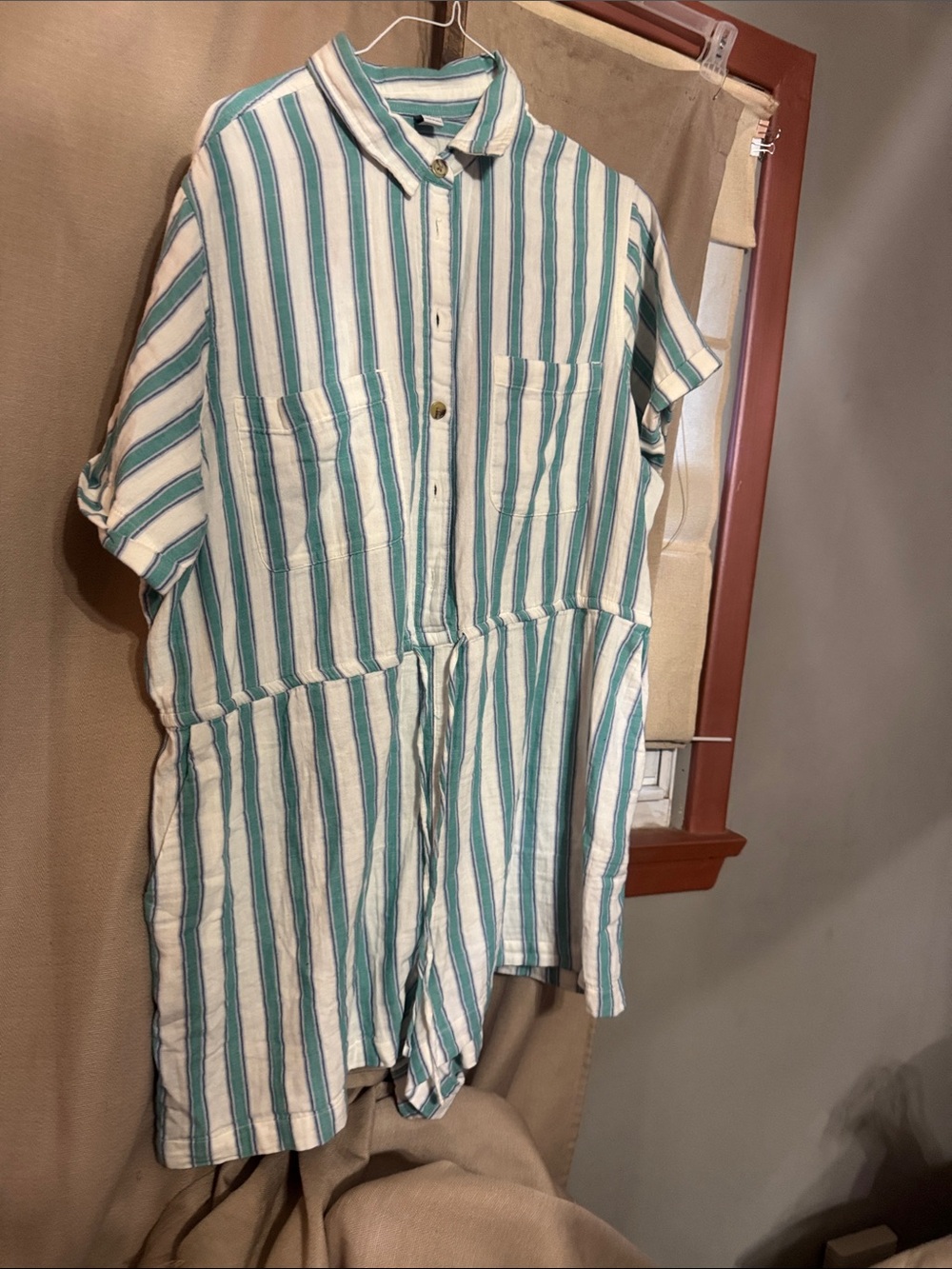 Striped Short Sleeve Button Romper in Teal and WhiteJ11-2